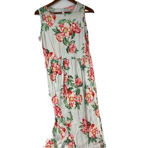 Tickled teal white cotton summer floral dress size medium long